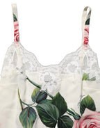 Dolce & Gabbana White Rose Print Lace Silk Camisole Tank Top