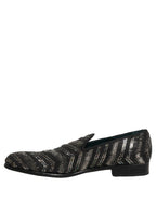 Dolce & Gabbana Black Silver Embellished Slip On Loafers Shoes