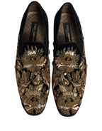 Dolce & Gabbana Black Gold Embroidery Dress Loafers Shoes