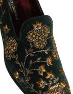 Dolce & Gabbana Green Floral Embroidery Dress Loafers Shoes