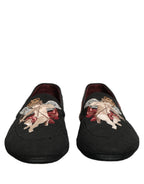 Dolce & Gabbana Black Baroque Angel Crown Rose Loafers Shoes
