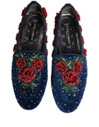 Dolce & Gabbana Blue Velvet Floral Slip On Dress Loafers Shoes