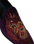 Dolce & Gabbana Violet Velvet Rhinestone Sequin Loafers Shoes