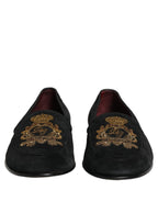 Dolce & Gabbana Black Velvet Crown Embroidery Loafers Shoes