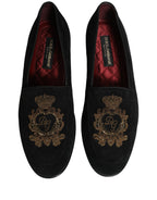 Dolce & Gabbana Black Velvet Crown Embroidery Loafers Shoes