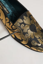Dolce & Gabbana Black Gold Floral Jacquard Dress Loafers Shoes