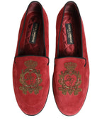 Dolce & Gabbana Red Velvet Logo Embroidery Men Loafers Shoes