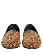 Dolce & Gabbana Brown Velvet Floral Embroidery Loafers Shoes