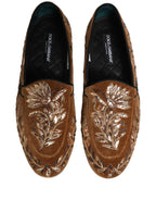 Dolce & Gabbana Brown Velvet Floral Embroidery Loafers Shoes