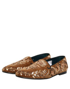 Dolce & Gabbana Brown Velvet Floral Embroidery Loafers Shoes