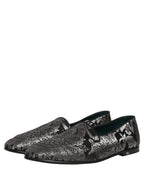 Dolce & Gabbana Silver Jacquard Leather Slip On Loafers Shoes