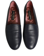Dolce & Gabbana Navy Blue Leather Logo Slip On Loafers Shoes