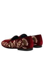 Dolce & Gabbana Red Velvet Floral Embroidery Loafers Shoes