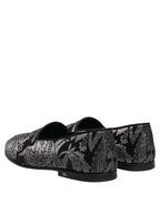 Dolce & Gabbana Silver Jacquard Leather Slip On Loafers Shoes