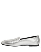 Dolce & Gabbana Silver Leather DG Logo Slip On Loafers Shoes