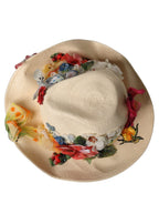 Dolce & Gabbana Women Beige Floral Apllique Straw Bucket Hat