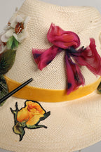 Dolce & Gabbana Women Beige Floral Apllique Straw Bucket Hat
