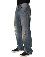 Dolce & Gabbana Blue Cotton Distressed Straight Denim Jeans