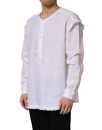 Dolce & Gabbana White Linen Logo Long Sleeves Casual Shirt