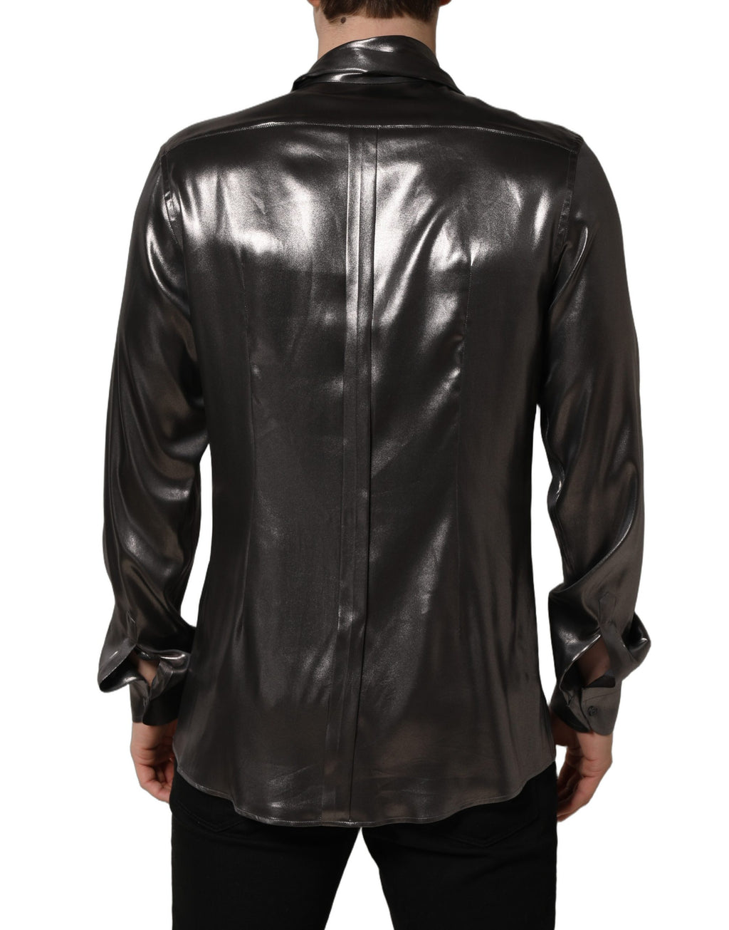 Dolce & Gabbana Silver Satin Silk Long Sleeves Men Dress Shirt