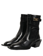 Dolce & Gabbana Black Leather DG Plaque Mid Calf Boots Shoes