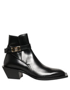 Dolce & Gabbana Black Leather DG Plaque Ankle Boots Shoes