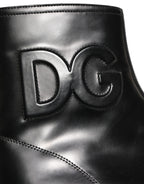 Dolce & Gabbana Black Leather Embossed Logo Ankle Boots Shoes