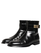 Dolce & Gabbana Black Leather Logo Buckle Mid Calf Boots Shoes