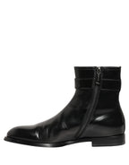 Dolce & Gabbana Black Leather Logo Buckle Mid Calf Boots Shoes