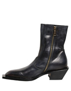 Dolce & Gabbana Black Leather Shiny Tex Mid Calf Boots Shoes