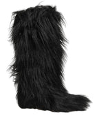 Dolce & Gabbana Black Faux Fur Mid Calf Winter Boots Shoes