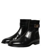 Dolce & Gabbana Black Leather Logo Buckle Mid Calf Boots Shoes
