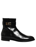 Dolce & Gabbana Black Leather Logo Buckle Mid Calf Boots Shoes