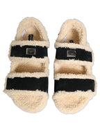 Dolce & Gabbana Beige Black Faux Fur Flats Men Sandals Shoes