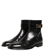 Dolce & Gabbana Black Leather Logo Buckle Mid Calf Boots Shoes