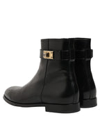 Dolce & Gabbana Black Leather Logo Buckle Mid Calf Boots Shoes