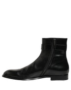 Dolce & Gabbana Black Leather Logo Buckle Mid Calf Boots Shoes