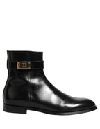 Dolce & Gabbana Black Leather Logo Buckle Mid Calf Boots Shoes