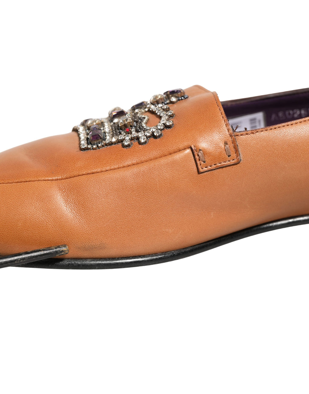 Dolce & Gabbana Brown Leather Crown Embellished Loafers Shoes