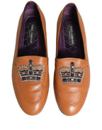 Dolce & Gabbana Brown Leather Crown Embellished Loafers Shoes