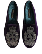 Dolce & Gabbana Purple Velvet Crown Embroidery Loafers Shoes