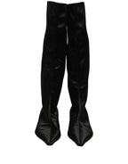Dolce & Gabbana Black Satin Knee High Kitten Boots Shoes
