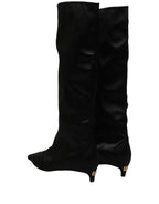Dolce & Gabbana Black Satin Knee High Kitten Boots Shoes