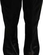 Dolce & Gabbana Black Satin Knee High Kitten Boots Shoes