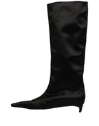 Dolce & Gabbana Black Satin Knee High Kitten Boots Shoes