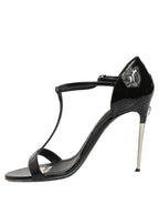 Dolce & Gabbana Black Leather T-strap Heels Sandals Shoes