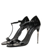 Dolce & Gabbana Black Leather T-strap Heels Sandals Shoes