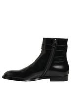 Dolce & Gabbana Black Leather Logo Buckle Mid Calf Boots Shoes