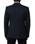 Dolce & Gabbana Blue Wool Logo Single Breasted Coat Blazer