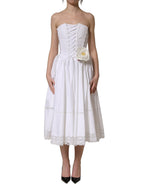 Dolce & Gabbana White Cotton Gabardine Bustier Midi Dress